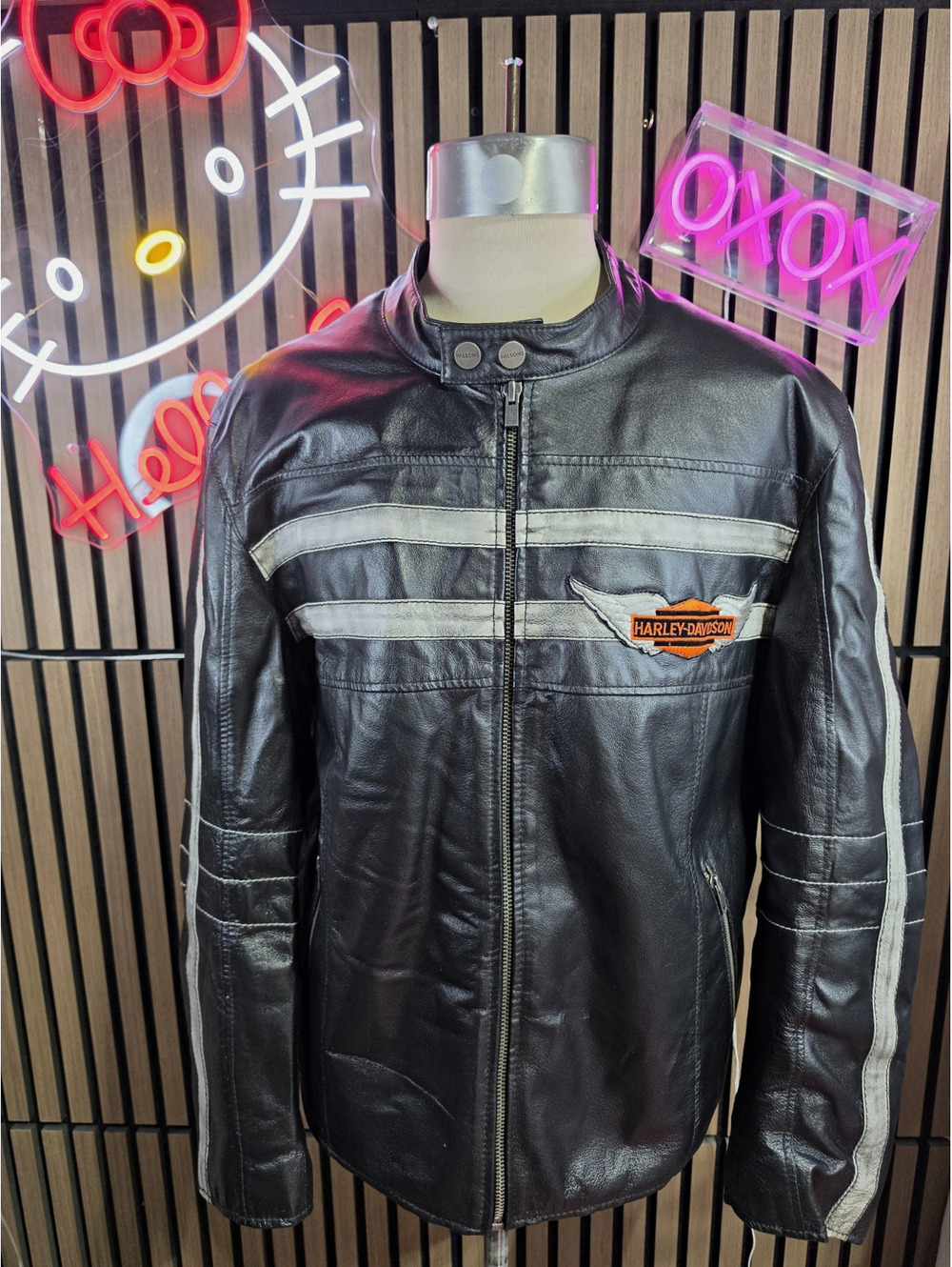 Harley-Davidson Men’s Black Leather Motorcycle Jacket Reflective Logo Biker S/XL